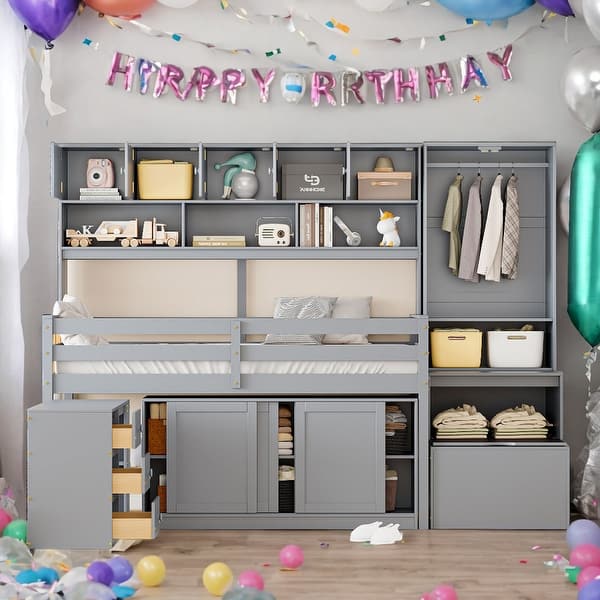 slide 2 of 15, Efficient Full Size Wooden Loft Bed Big Storage, Under-bed Desk, Drawers and Integrated Wardrobe, Mobile Workstation, Grey Grey