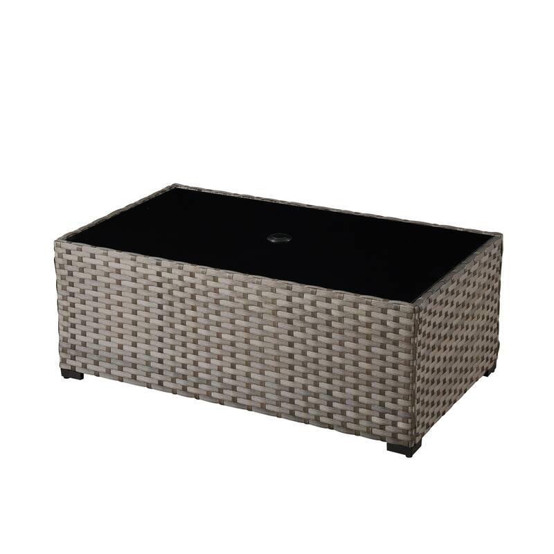 HOOOWOOO Wicker Rattan Patio Rectangle Coffee Table with Umbrella Hole