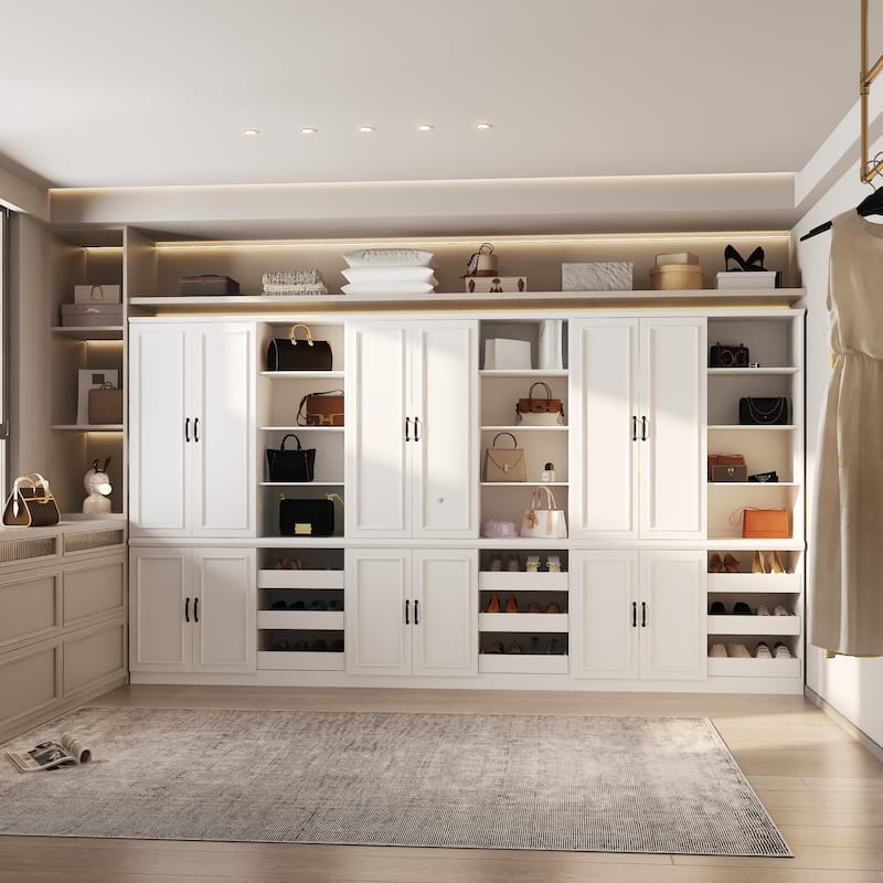 White Wardrobe Closet with Adjustable Shelves Solid Wood Frame Storage Cabinet for Home Organization