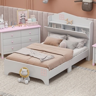 White Twin Size House Platform Bed, Storage Headboard, Storage Shelf, Funny Design