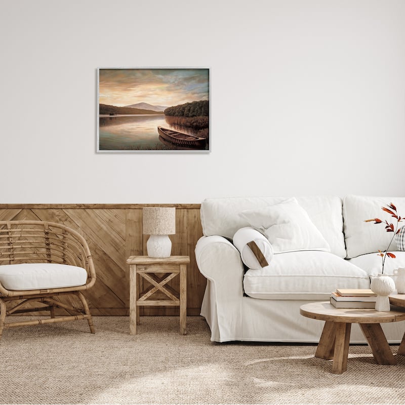 Stupell Lakeside Canoe Cloudy Sky Mountain Forest Landscape Framed Wall Art - Brown