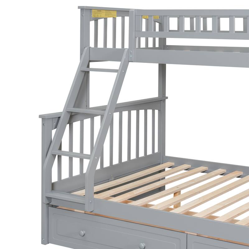 Wooden Storage Bunk Bed Frame with Fence-shaped Guardrails and Pull-out Drawers, Convertible 2 Platform Beds, Detachable Design