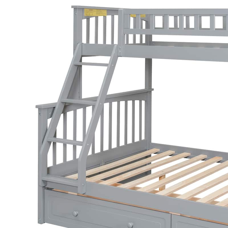Wooden Twin over Full Bunk Bed with 2 Drawers, Detachable into 2 Beds, Solid Pine Wood Bunk Bed Frame with Fence Guardrail