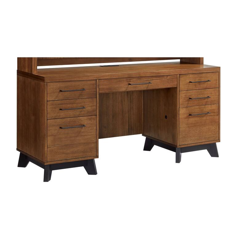 Modern Wood Desk, Office Writing Table, Credenza, Fully Assembled, Rich Medium Brown