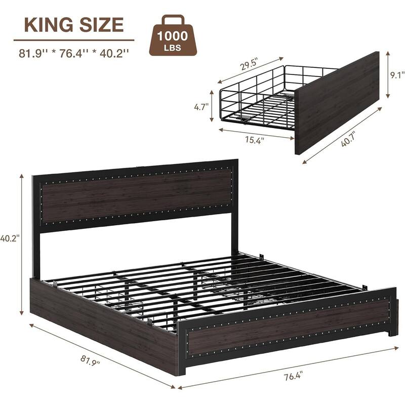 Platform Bed with Headboard, 4 Storage Drawers & Charging Station, Rivet Detail, Metal Slats, Gray
