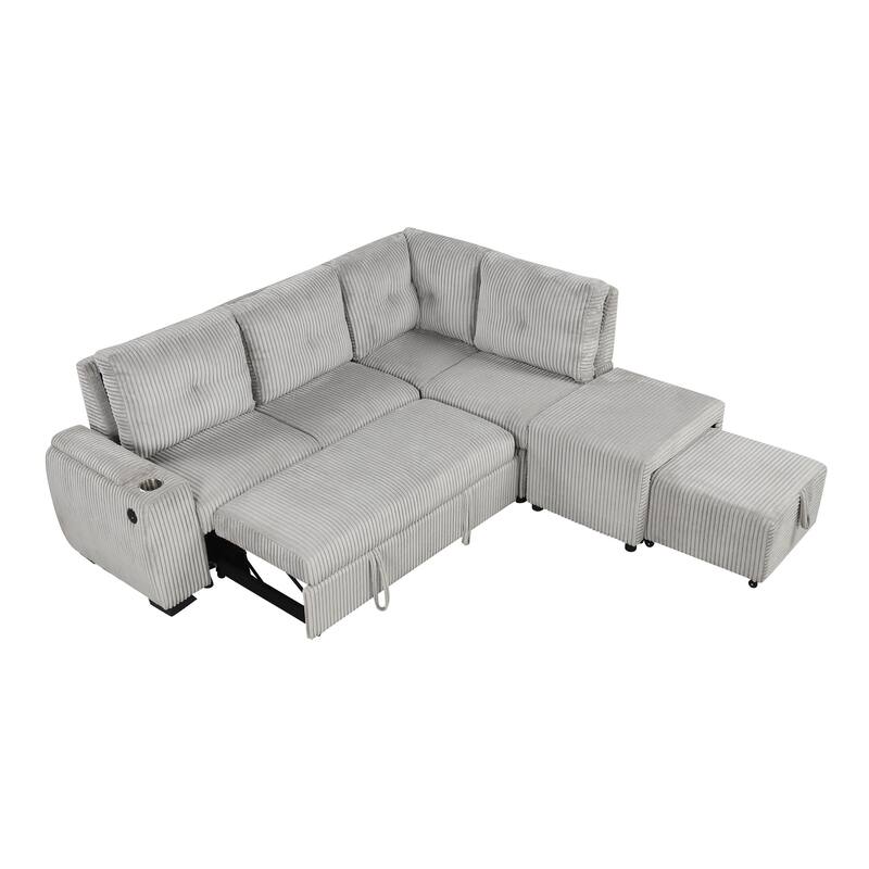 94" L-shaped Sectional Sofa Bed with Ottoman, Storage, Cup Holder & USB Ports (Light Grey Corduroy)