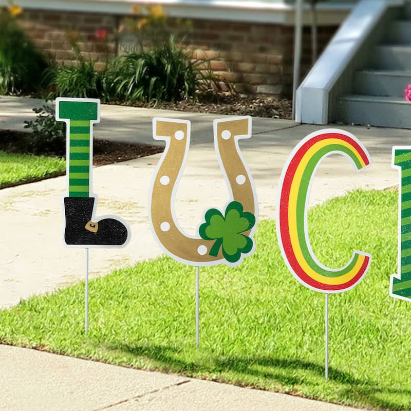 Glitzhome St. Patrick's Metal LUCKY Leprechaun Yard Stakes or Wall Sign