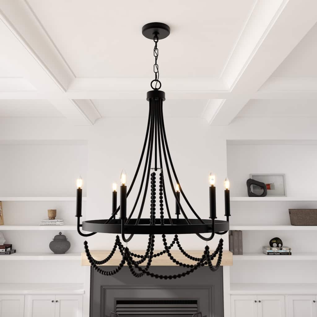 Acroma 6 - Light Steel Dimmable Candle Style Wagon Wheel Chandelier, Bead Chandelier