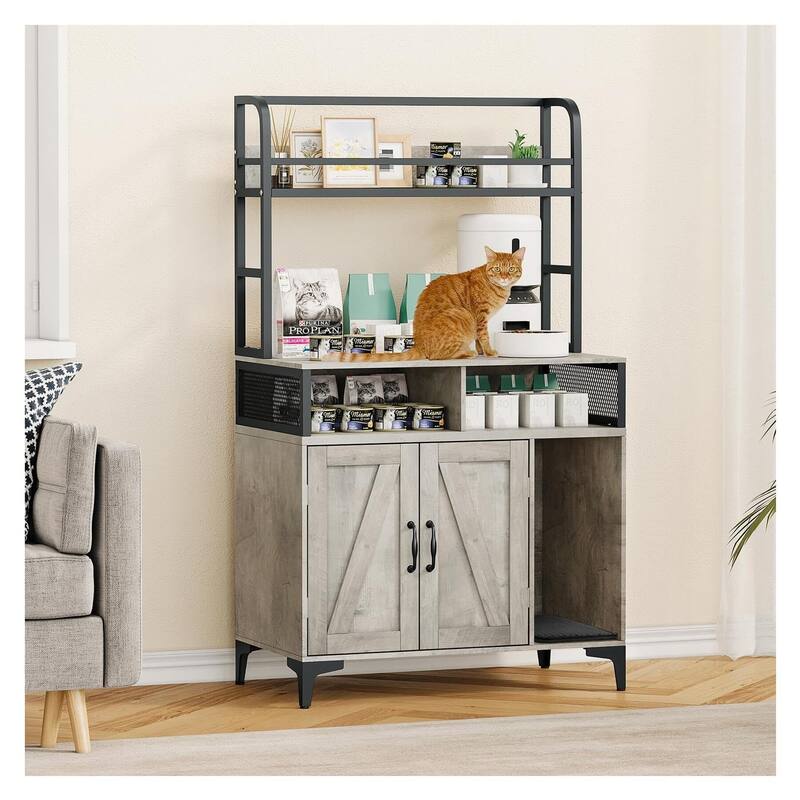 Cat Litter Box Enclosure with Shelf and Door - Grey_With cat litter mat