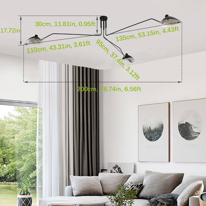 3 Arm Mid Century Modern Black Arm Ceiling Light Duckbill Chandelier - 78x78x17in