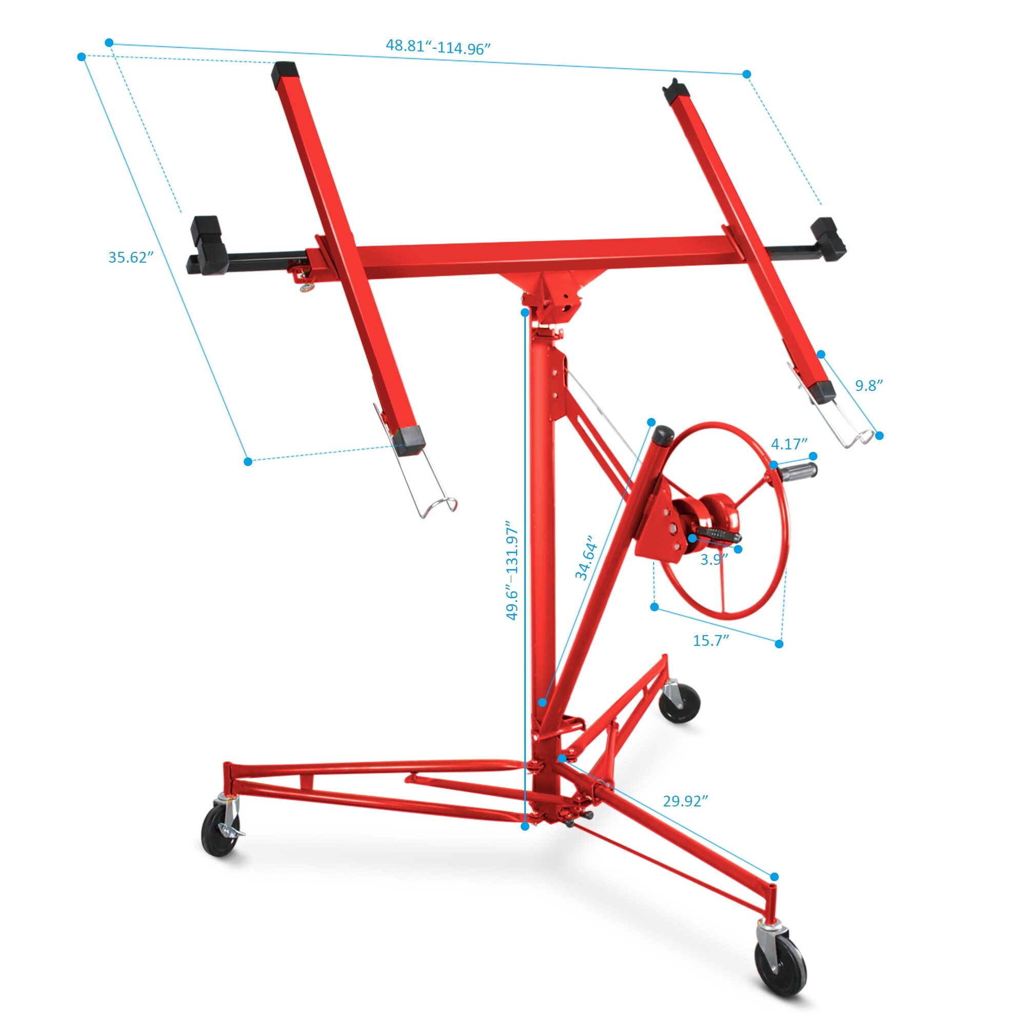 Arksen Drywall Panel Lift Dry Wall Panel Hoist Lockable Adjustable Lifter Ceiling Max 11ft 150 Lb Max Caster Wheels Red