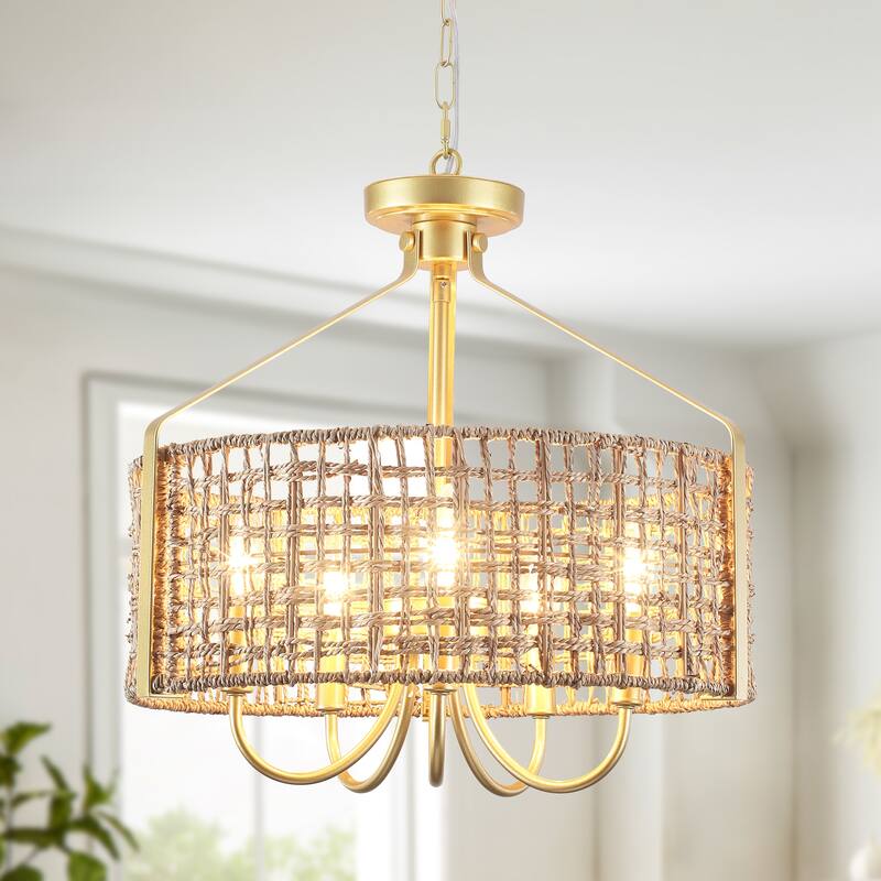 18.35inch 5 Lights Adjustable Height Bohemian Chandelier with Hand Woven Rattan Shade Suitable for Multiple Rooms - Gold+Brown