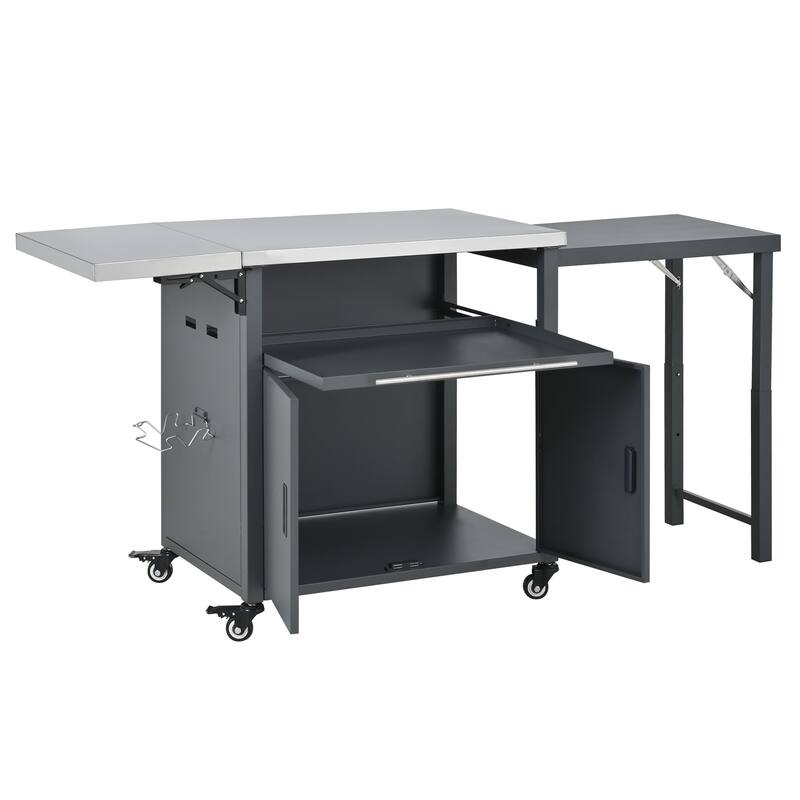 Foldable Outdoor Prep Station BBQ Cart, Kitchen Island Grill Cart with Trash Rack and Storage Space