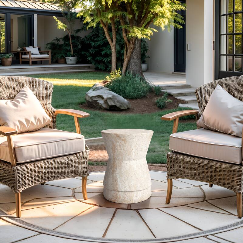 Hourglass Travertine Stone Finish Italian Design MgO Side Accent Table - 14.4"x14.4"x17.7"