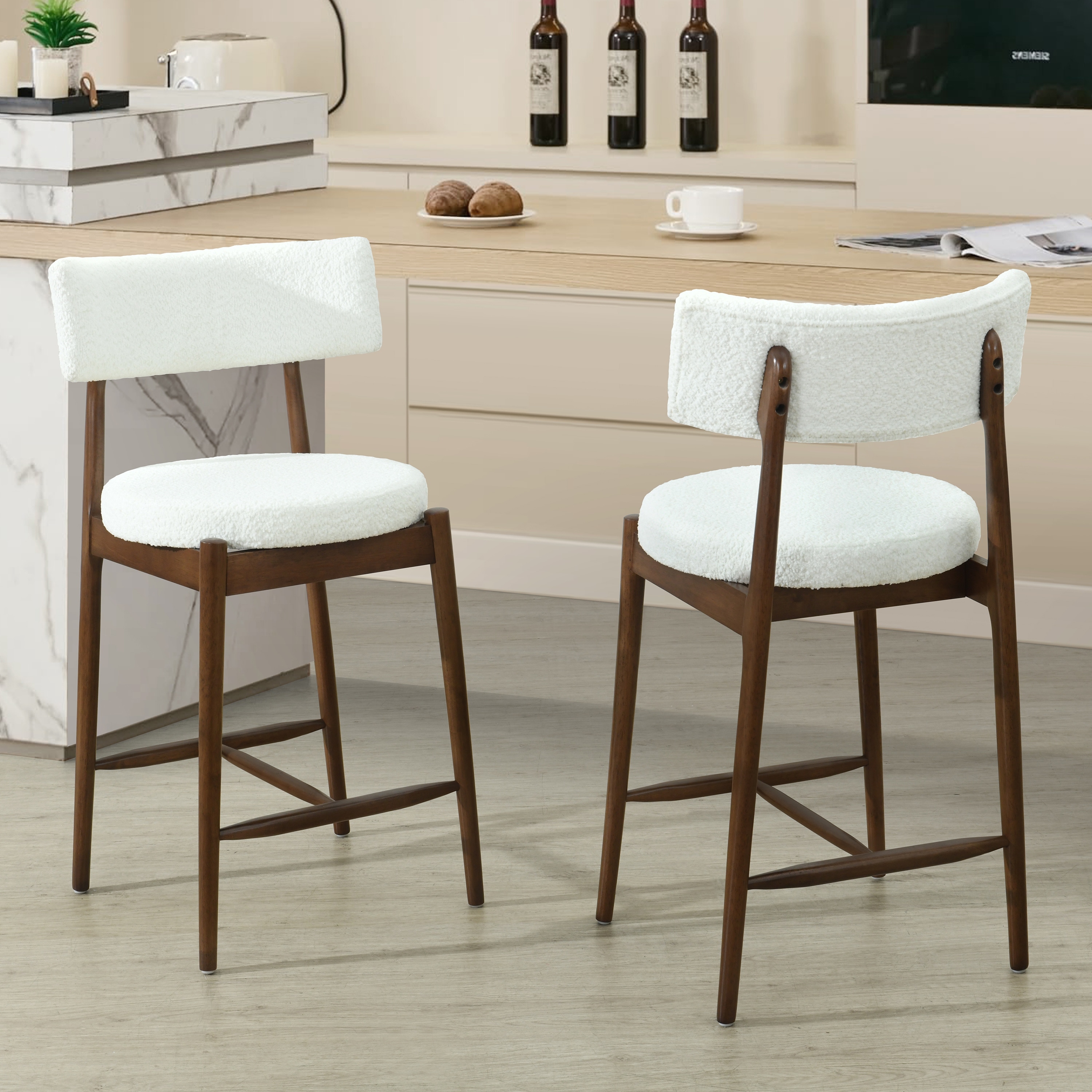 2 Piece Solid Wood Bar Stools with Curved Open Back and Padded Seat, Counter Height Barstools Set of 2