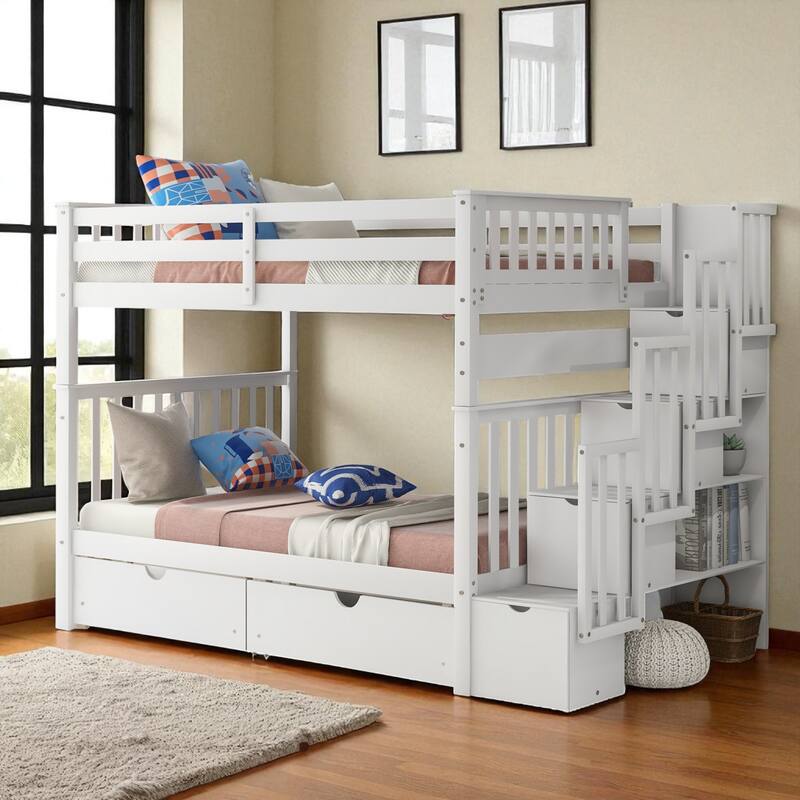 Full Over Full Bunk Bed with Staircase, Shelves, 6 Drawers, Storage and Safety Guardrails for Kids or Teens - White - Full