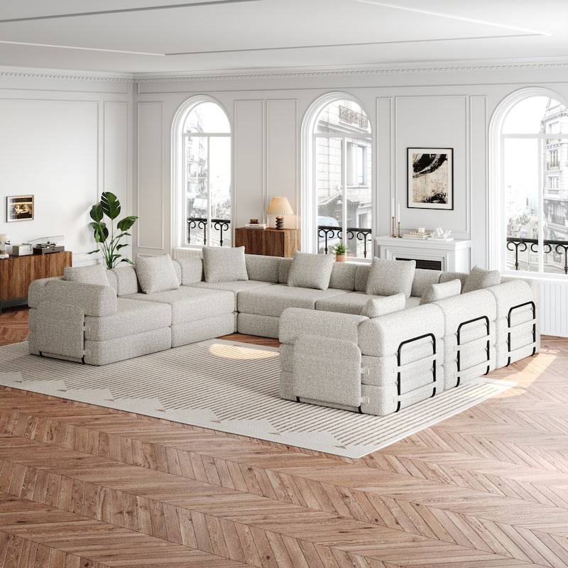 8 Seater Folding Couch Modular Chenille Sectional Sofa Freely Combined Sleeper Sofa Bed with Storage Pockets and Anti-slip Pads