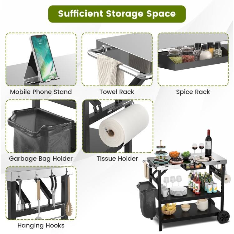 3 Tiers Foldable Outdoor Cart on 2 Wheels with Phone Holder-Black - 42" x 20.5" x 33" (L x W x H)