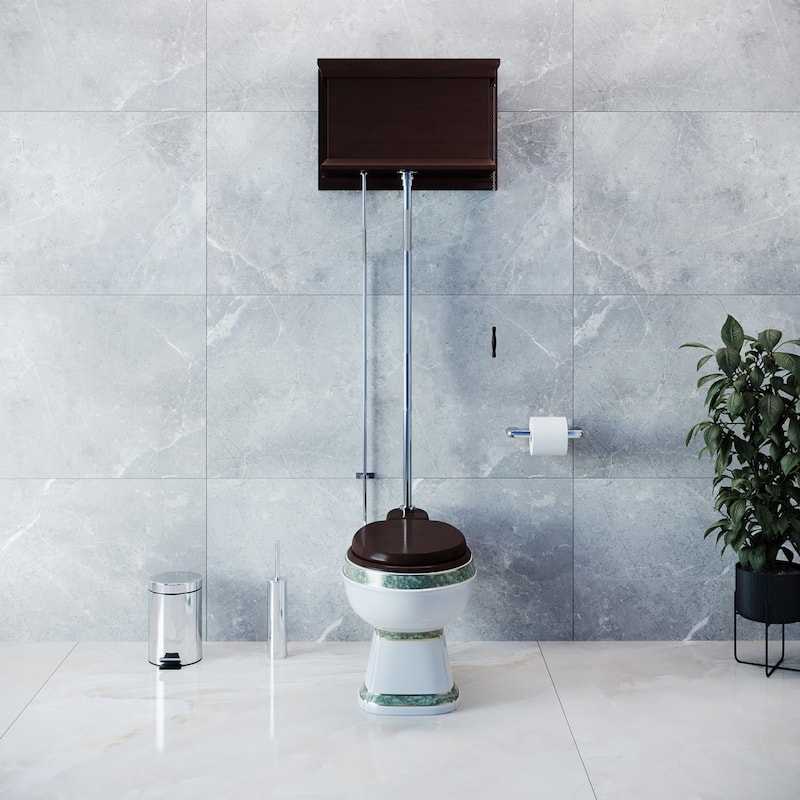 High Tank Pull Chain Toilet Dark Oak Wooden Flat Tank 59" to 74" Chrome Z Pipe and Elongated White Bowl Renovators Supply