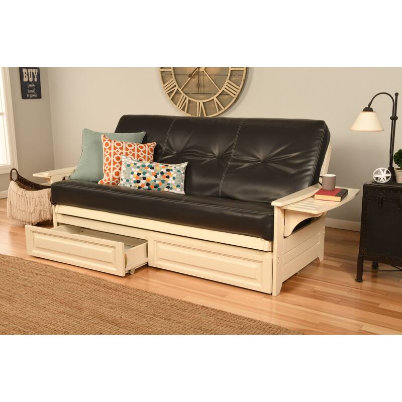Somette Phoenix Futon Set in Antique White Wood with Innerspring Mattress and Storage Drawers