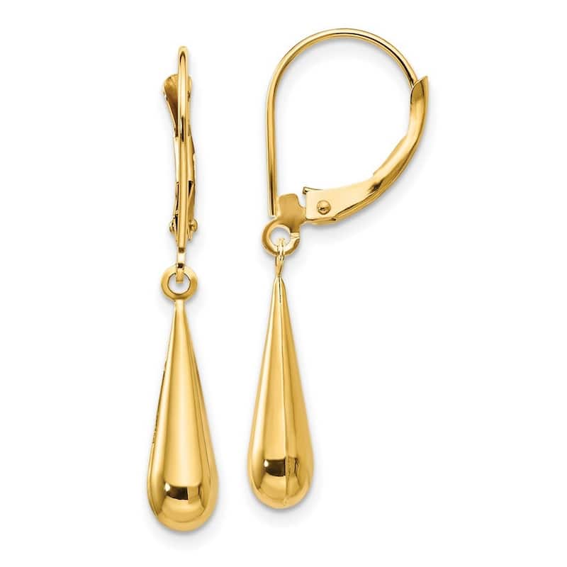 Curata 14k Yellow Gold 33x4mm Elongated Puffed Tear Drop Dangling Leverback Earrings - Orange
