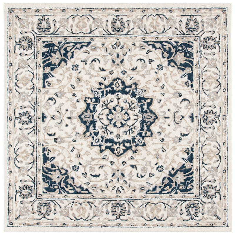 SAFAVIEH Handmade Micro-Loop Dashurie Transitional Medallion Wool Rug- - 5' Square - Ivory/Navy