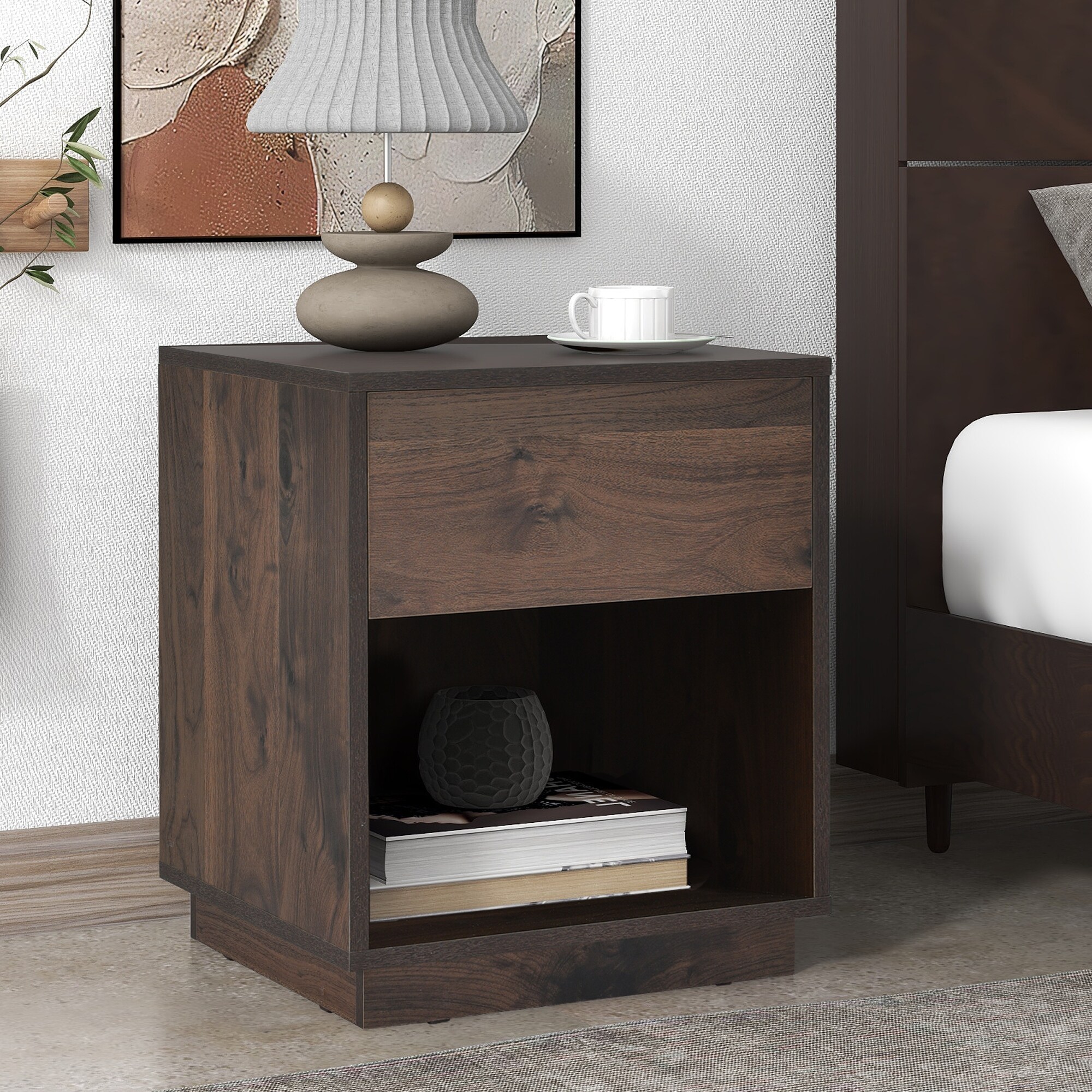 Mid-Century Nightstand with 1 Drawer and 1 Open Storage , Dark Brown