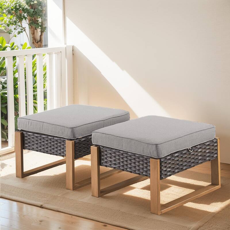 High Back Outdoor Furniture with Thick Cushion - Brwon Wicker Grey Cushion - 2PCS Patio Ottomans