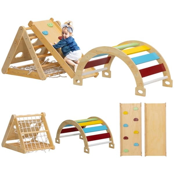 slide 2 of 9, Qaba Pikler Triangle Set, 7 in 1 Indoor Toddler Climbing Toys with Ramp, Arch & Ladder, Montessori Climbing Set, Multicolored Multi