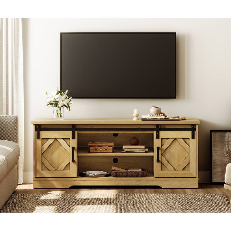 WAMPAT Sliding Barn Door 59-inch Wood TV Stand Storage Cabinet - 59" - Natural Oak