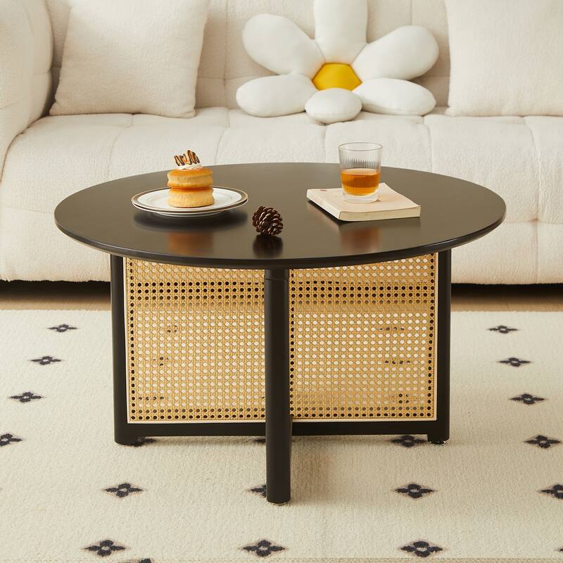 Mid Century Wooden Coffee Table Bohemian Style Coffee Table with Solid Wood and Frame Rattan Stand, for Living Room