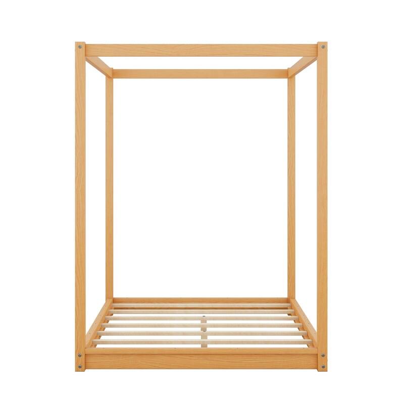 4Poster Canopy Floor Bed Frame Full Size Wood Low Profile Platform