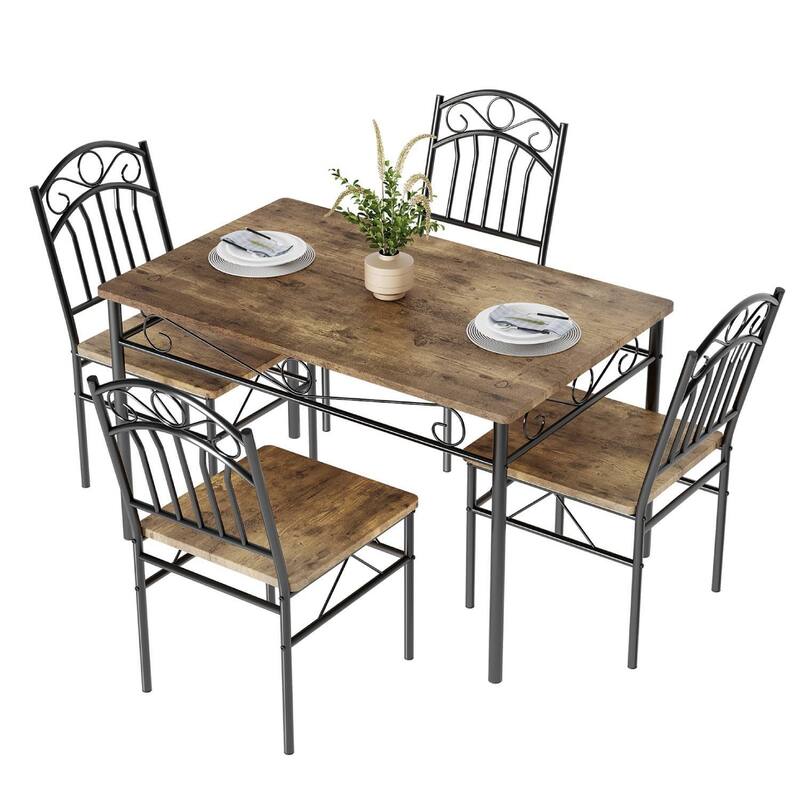 Retro Rectangular Dining Table Set with 4 Seats - Brown
