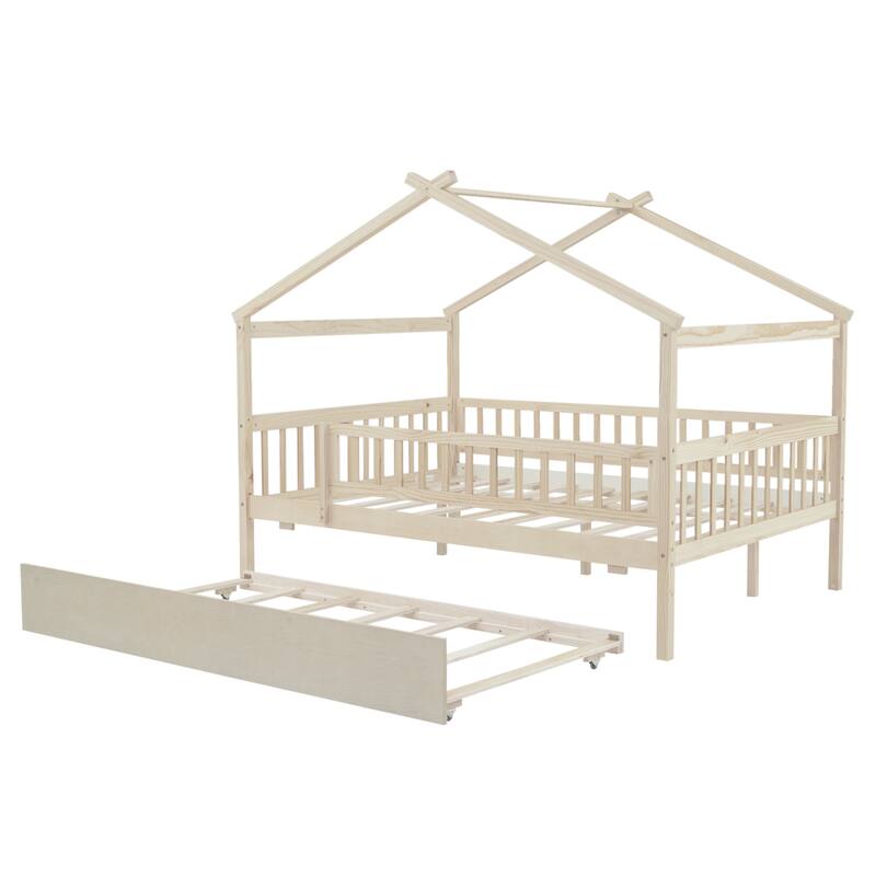 Full Pine House Bed with Trundle, Guardrail & Roof