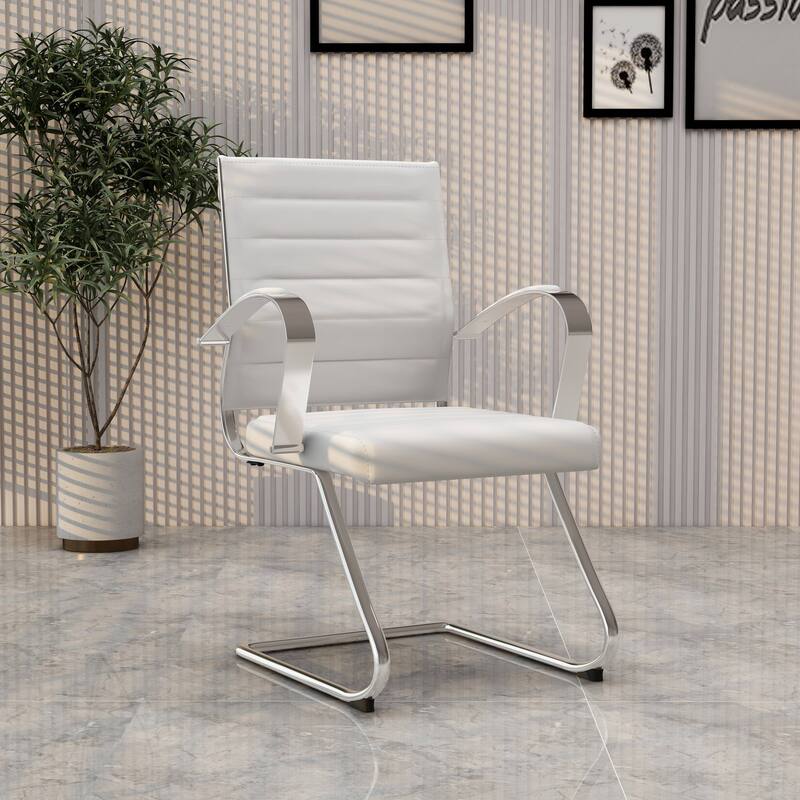 Benmar Modern Leather Office Chair with Stainless Steel Sled Base, Floor Caps, Ergonomic Desk Chair for Home Office or Workspace