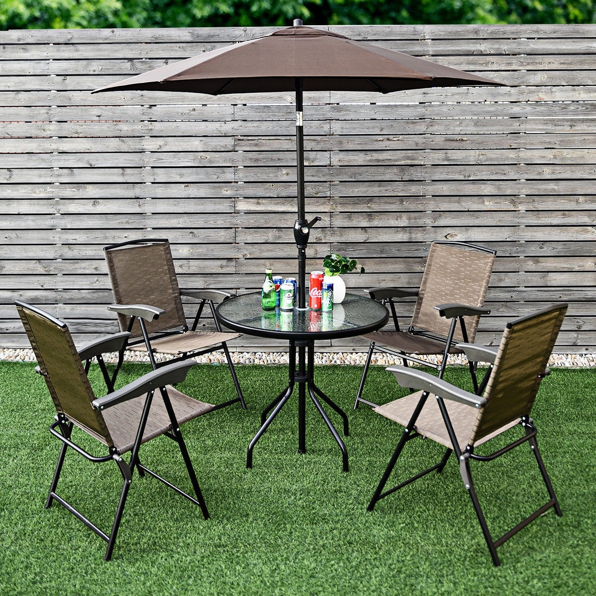 Costway 6 pcs patio garden set furniture deals umbrella gray with 4 folding chairs table