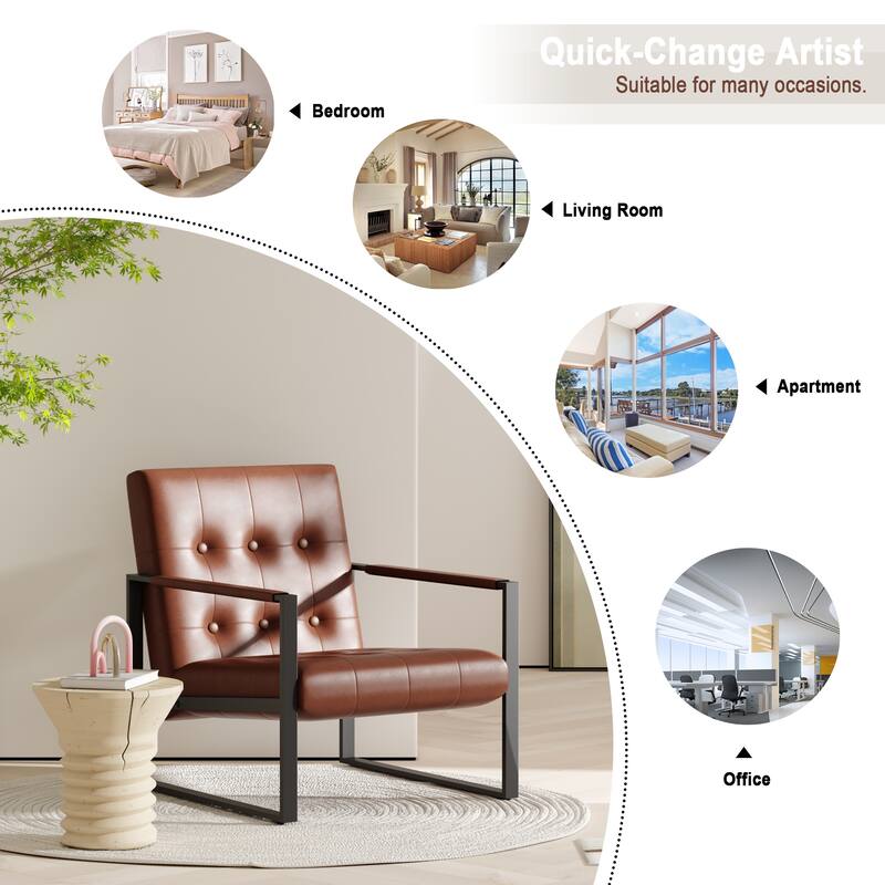 Mid-Century Style Faux Leather Accent Chair, Armchair with Steel Frame, Modern Single Sofa Chair for Living Room Bedroom Office