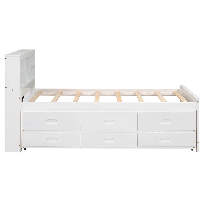 Twin Size Platform Bed with Storage Headboard and USB, Pull-out Trundle Bed and Drawers Storage Bed for Bedroom, Apartment