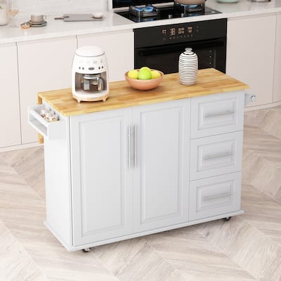 Kitchen Island on Wheels w/Lockable Casters, 3 Large Drawers, 2-Door Cabinet, Towel Handle