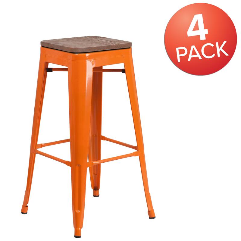 4 Pack 30" High Backless Metal Barstool with Square Wood Seat - Orange