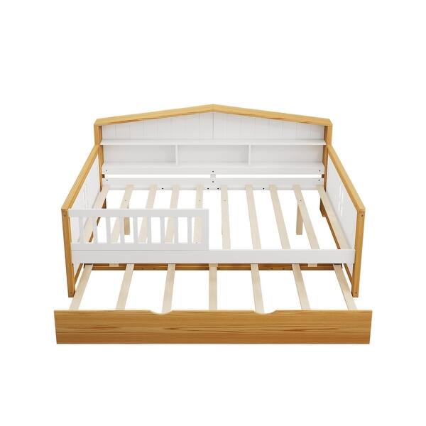 slide 2 of 9, Full Size House Shape Daybed with Trundle and Bookcase Headboard Wooden Bed for Girls Boys Teens,Walnut and White