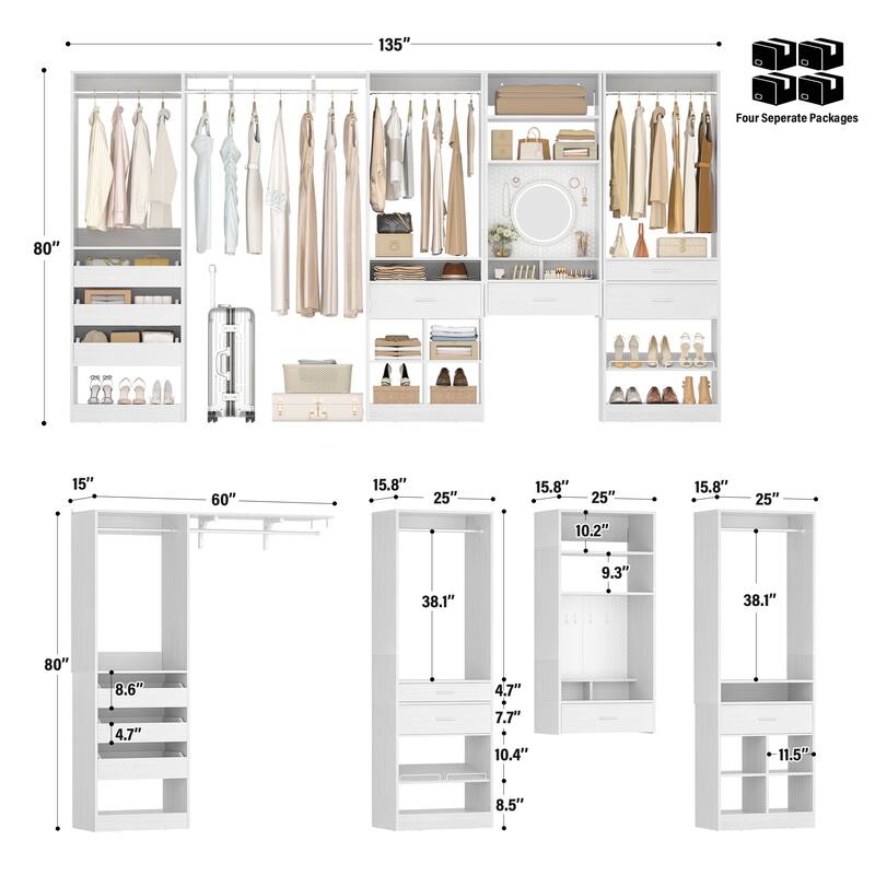 135" Set of 4 Closet System with 7 Drawers and 4 Hanging Rods, Heavy Duty Walk-In Closet Organizer with Adjustable Shoe Rack