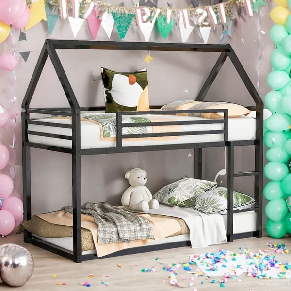slide 2 of 10, Twin over Twin House Bunk Bed with Built-in Ladder, Space-Saving, Black