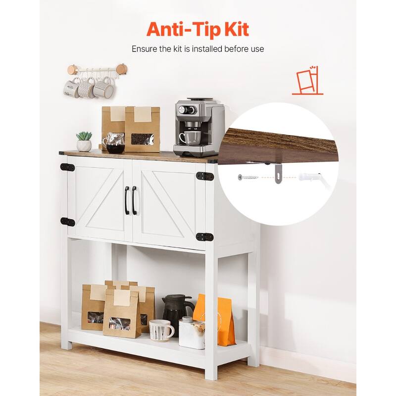 3-Tier White Bar Cabinet with Magnet Doors and Bottom Open Storage Shelves Ideal for Coffee Machine or Toaster