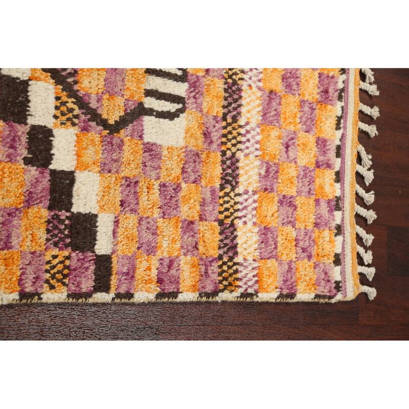 Checkered Modern Moroccan Oriental Runner Rug Hand-knotted Wool Carpet - 2'11" x 12'11"