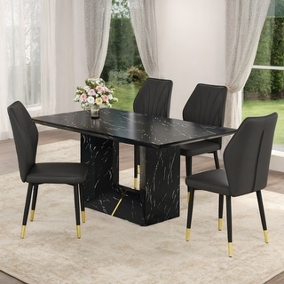 63" Black Marble Dining Set with 4 Black PU Chairs & Golden Metal Legs ...
