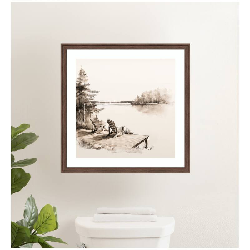 Kate and Laurel Abstract Sketch Of Adirondack Chairs On A Dock by The Creative Bunch Studio Framed Wall Art Print