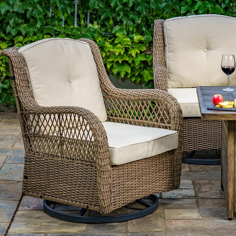 Rio Vista Sandstone Outdoor Wicker Seating Set with Fire Pit Table (5-Piece)