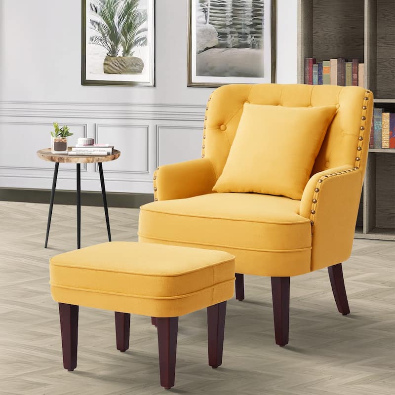 Club Chair Upholstered Button Tufted Accent Chair with Ottoman and Pillow