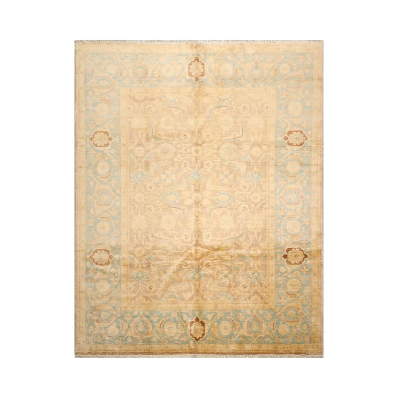 Hand Knotted Peshawar Taupe,Aqua Wool Traditional Oriental Area Rug - 7' 10'' x 10'